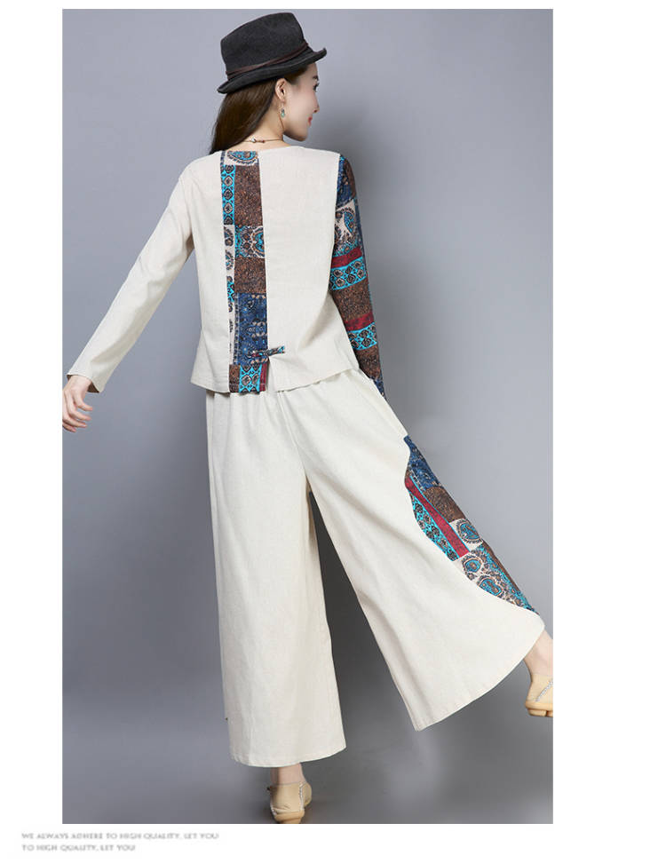 2019新款复古中国风女装唐装棉麻民族风套装女春秋季两件套女宽松