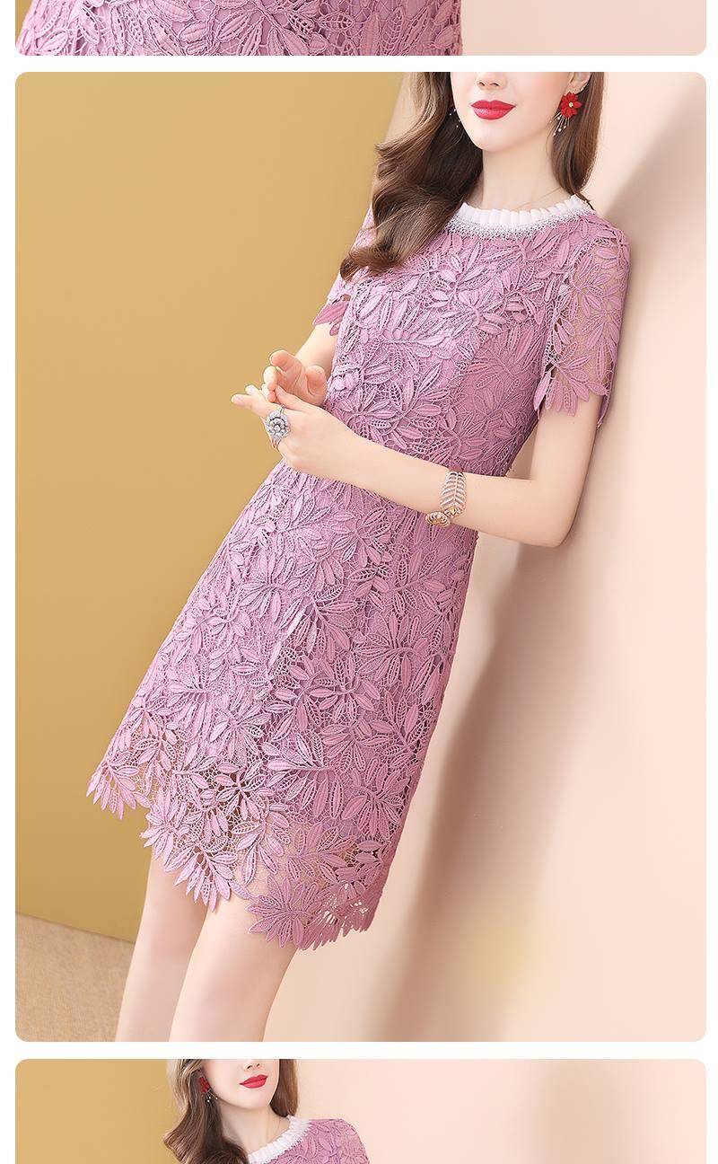 夏装时尚气质镂空粉色蕾丝连衣裙女夏季中长款2019新款洋气流行裙