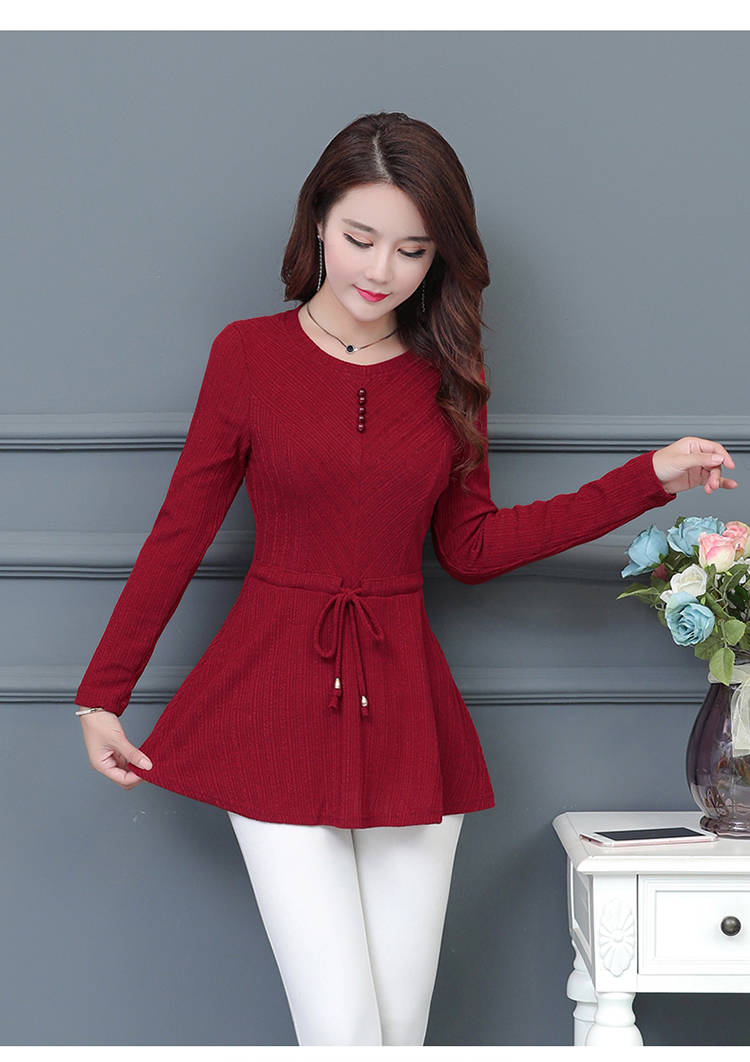 2019春秋新款大码女装修身显瘦中长款打底衫蕾丝圆领系带针织衫女