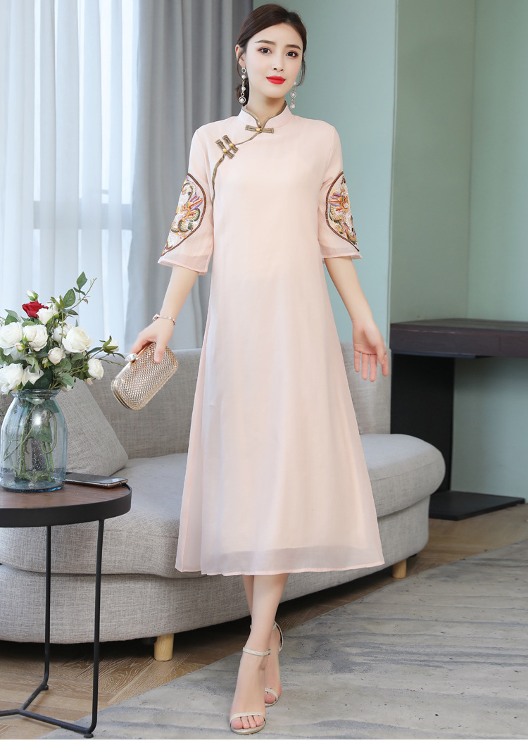 旗袍连衣裙女2019夏中袖立领盘扣绣花中长a字裙长裙女士连衣裙妈妈装