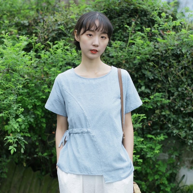 2019夏季新款韩版学生文艺棉麻提花上衣女生宽松圆领短袖系带t恤女装