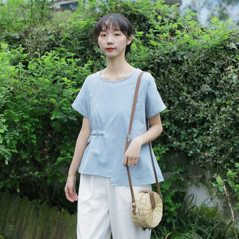 2019夏季新款韩版学生文艺棉麻提花上衣女生宽松圆领短袖系带t恤女装