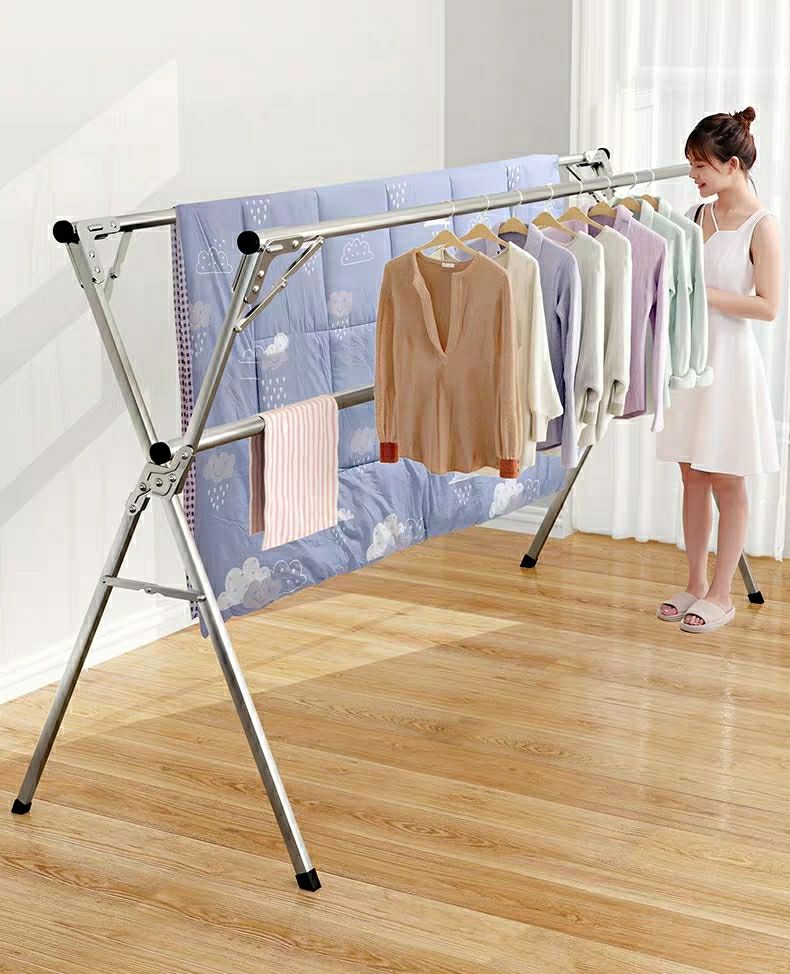 不锈钢晾衣架室内外落地折叠晒衣架双杆晒被阳台挂衣架x型晾衣杆