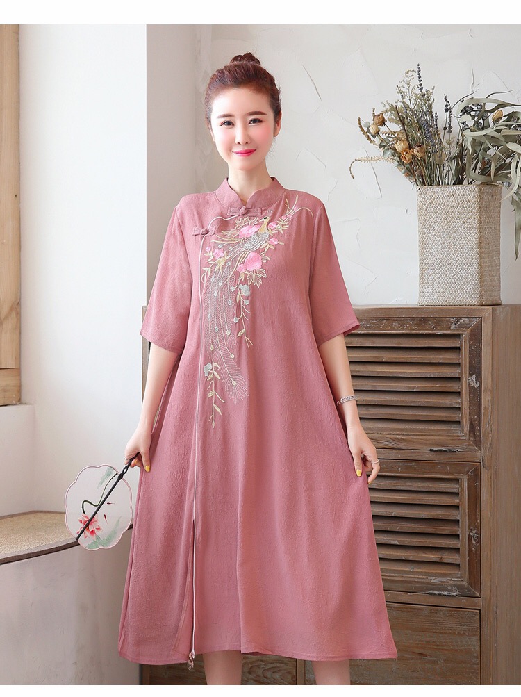 新款夏季中国风亚麻旗袍改良长裙刺绣民族风包邮