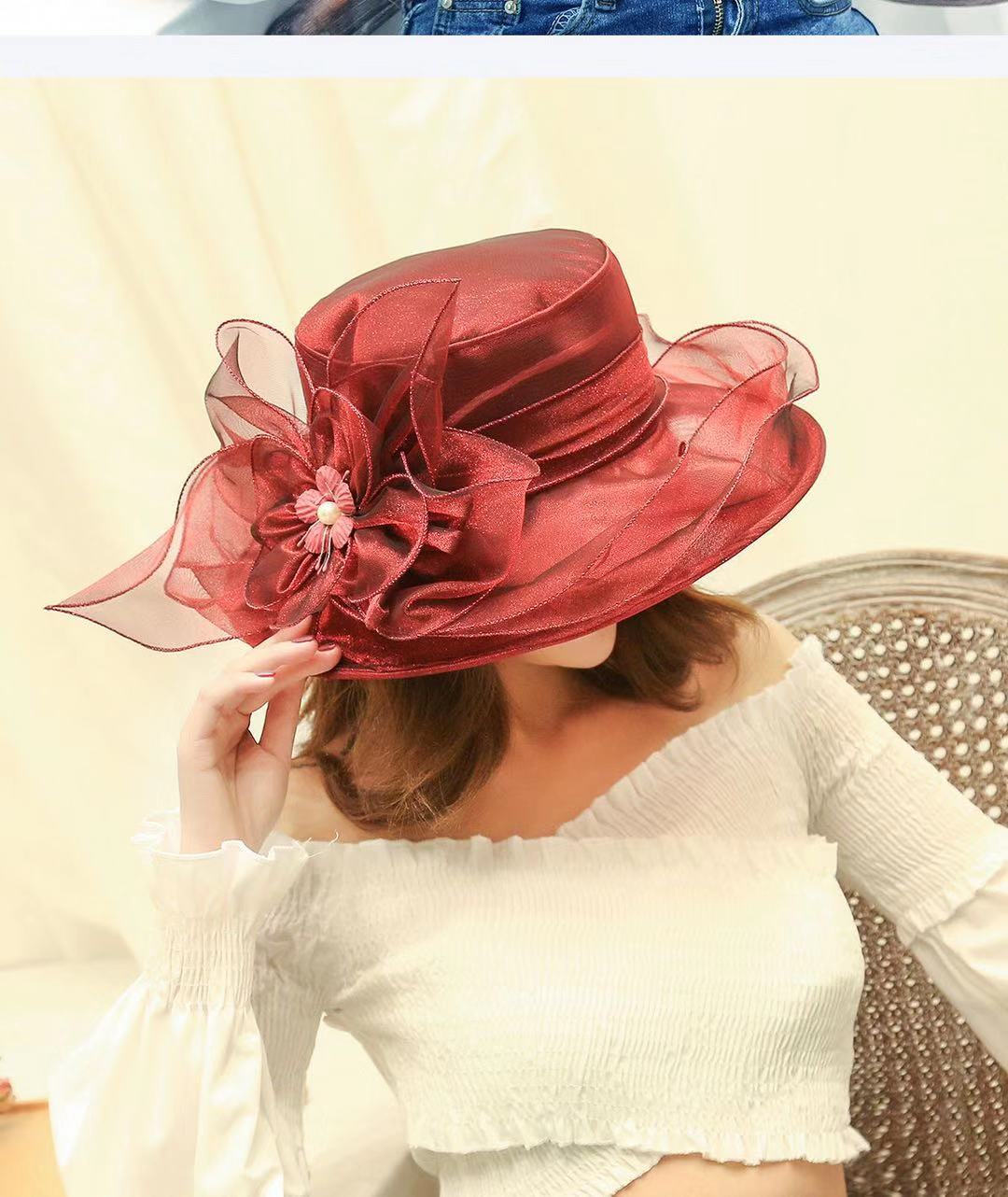 遮阳帽子女太阳帽防晒防紫外线春夏凉帽纱帽沙滩帽欧根纱单朵花