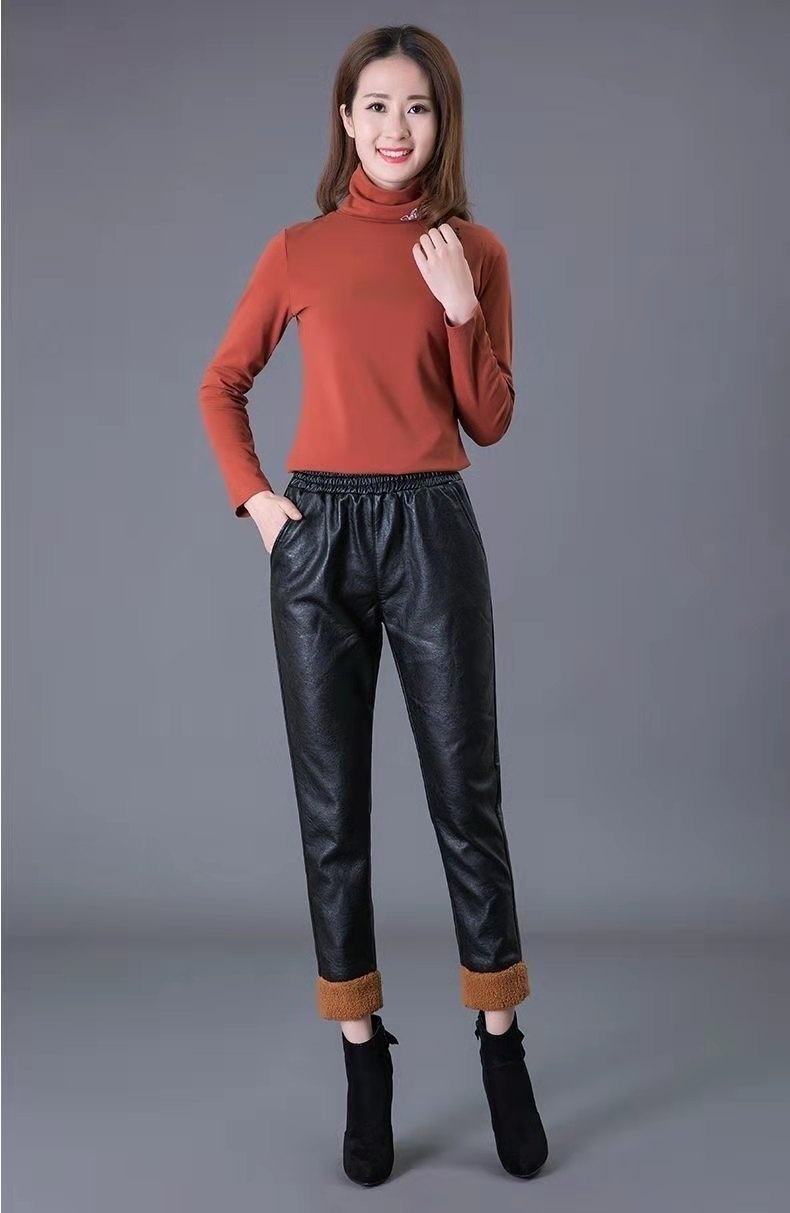 加绒哈伦皮裤女秋冬新款宽松高腰九分加绒休闲小脚裤