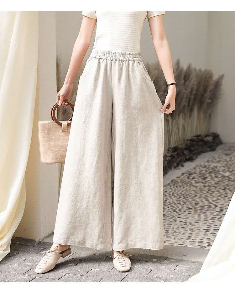 新款棉麻阔腿裤女夏亚麻休闲裤高腰垂感大脚裤子垂坠宽松长裤