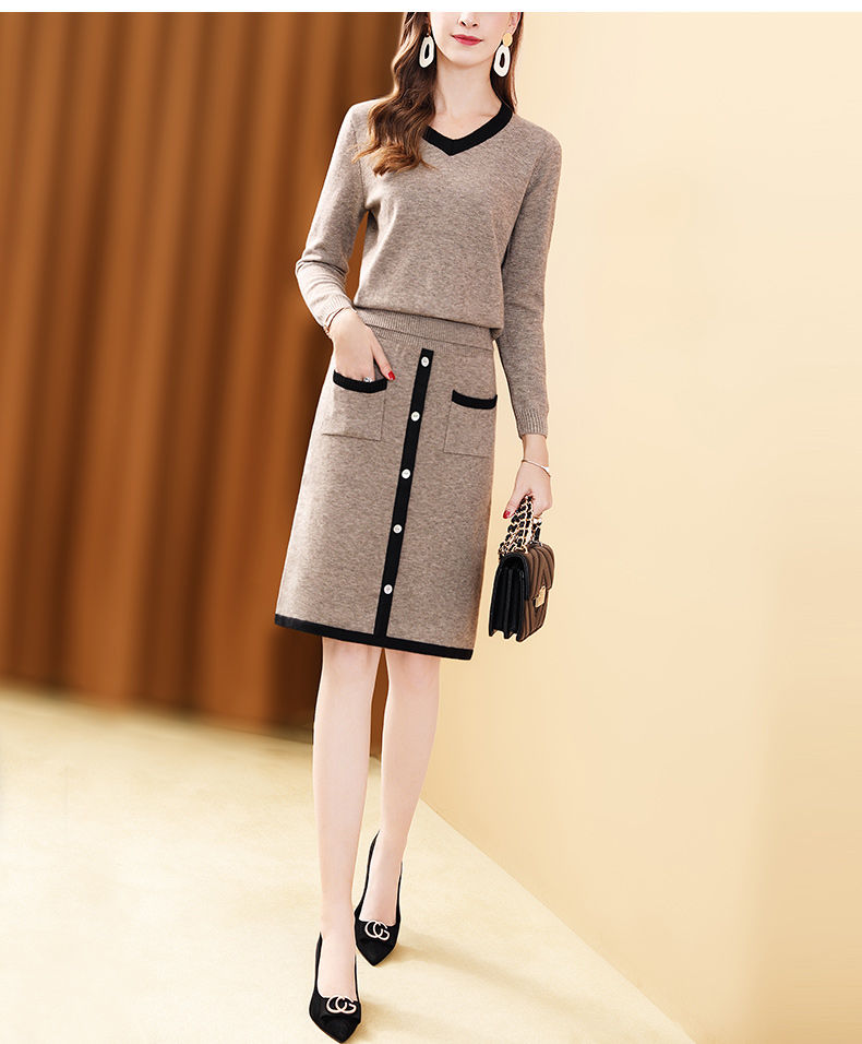 v领毛衣套装裙两件套2020新款秋冬气质减龄显瘦针织套装女时尚
