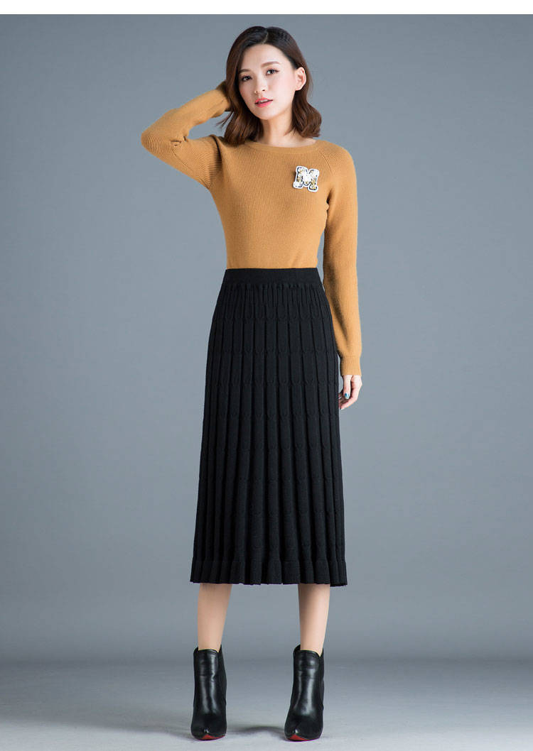 针织百褶裙中长款冬裙女2020早春长裙加厚毛线裙子高腰a字半身裙