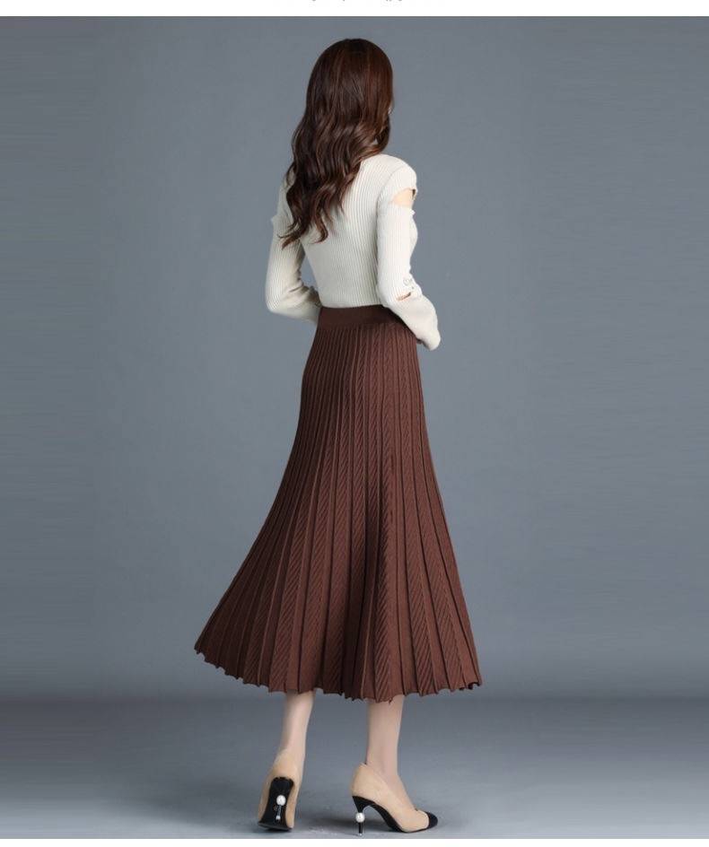 女裙加厚针织半身裙秋冬女新款韩版百褶裙中长款高腰aa字裙冬裙长裙子