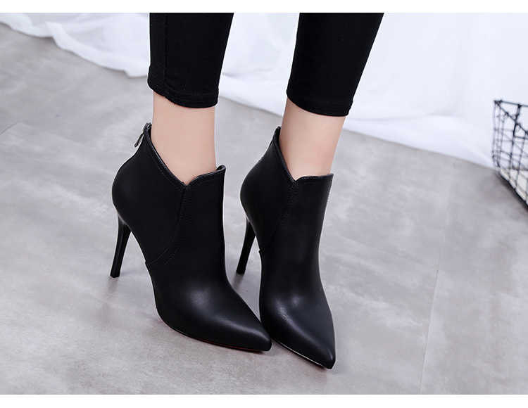 女鞋短靴女秋冬英伦风女靴尖头靴子加绒高跟性感细跟踝靴女后拉链女鞋