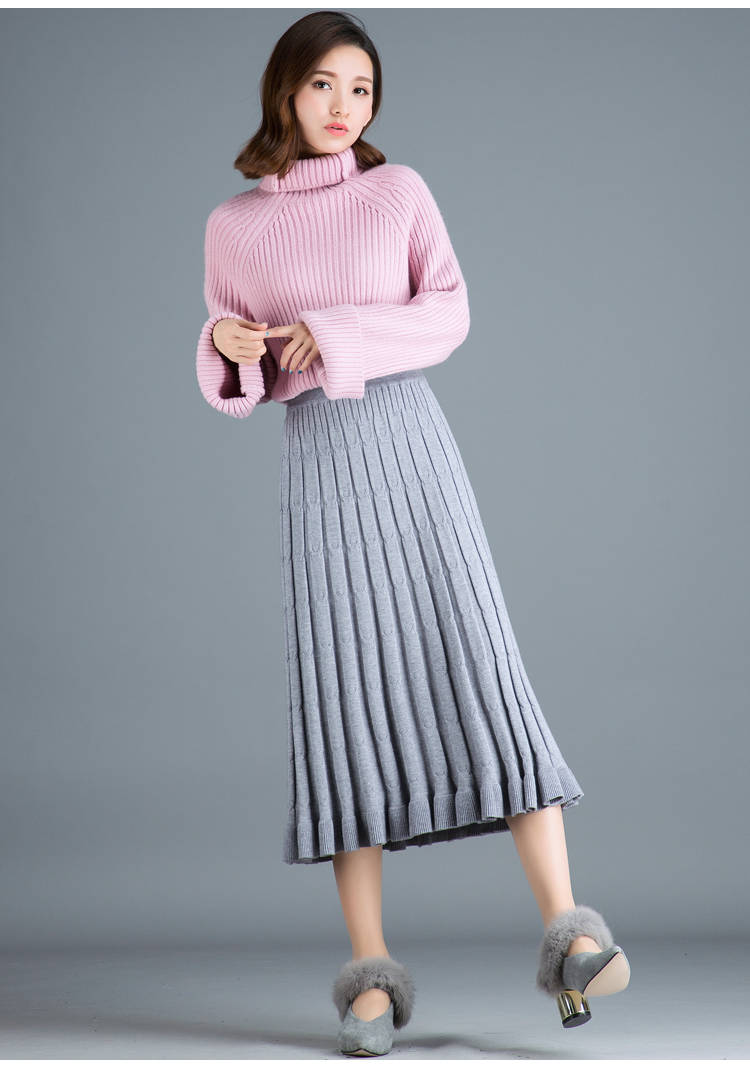 针织百褶裙中长款冬裙女2020早春长裙加厚毛线裙子高腰a字半身裙