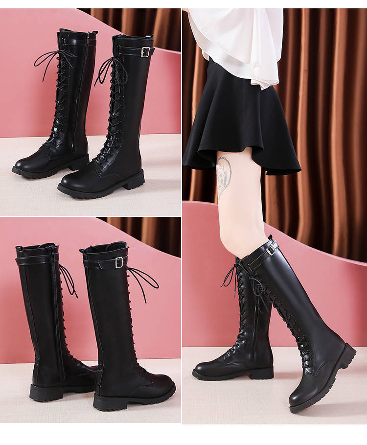 溪米若靴子秋冬女靴中筒靴防水台系带女靴高跟马丁靴粗跟长中筒靴