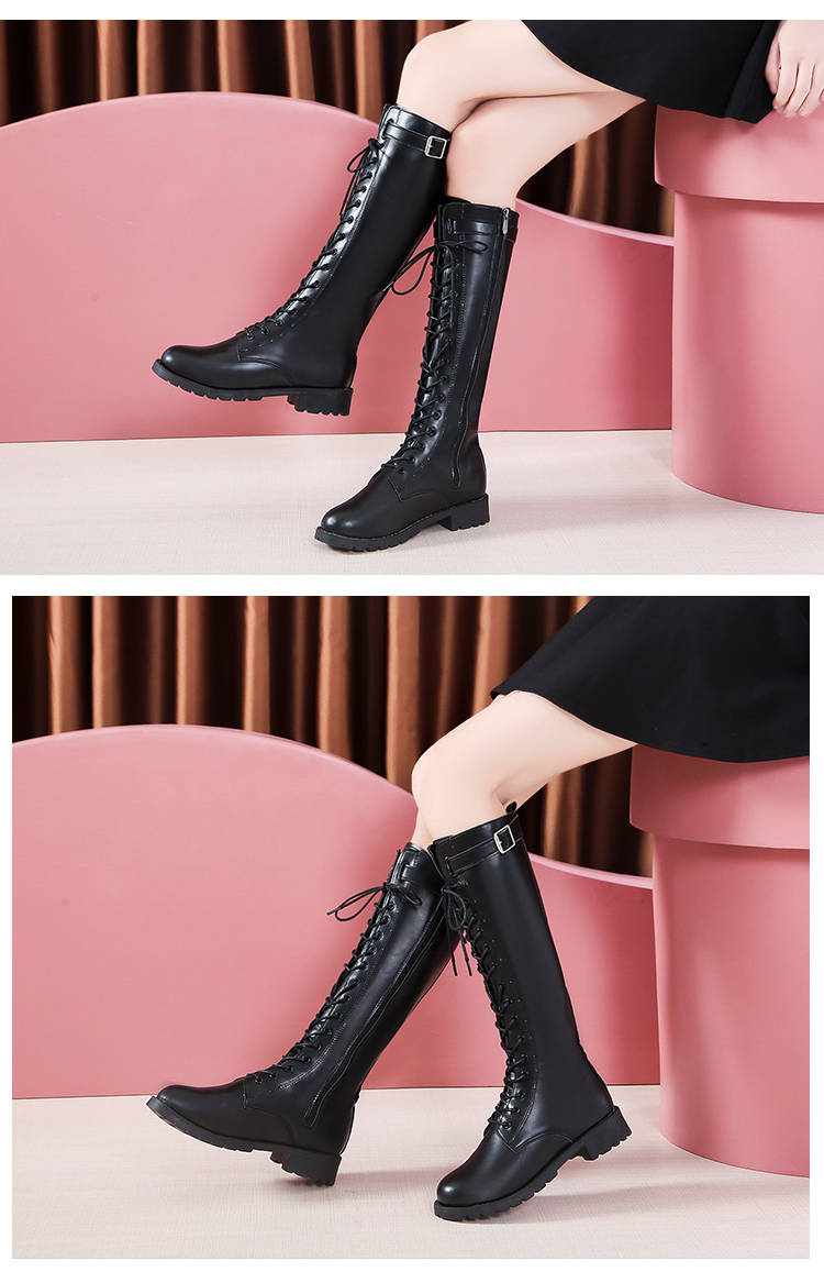 溪米若靴子秋冬女靴中筒靴防水台系带女靴高跟马丁靴粗跟长中筒靴