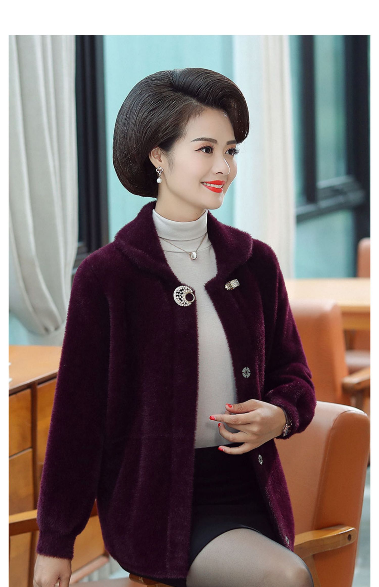 妈妈秋冬装水貂绒大衣中年女装四五十岁短款中老年人双面毛呢外套