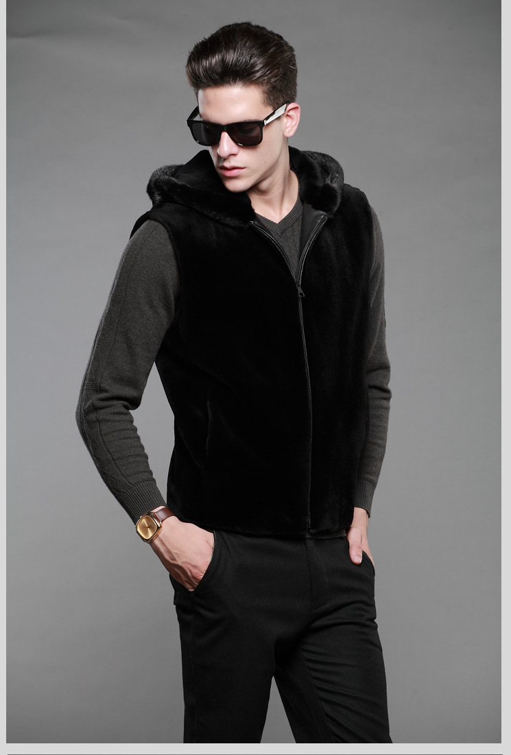 貂皮马甲男冬季新款韩版休闲连帽男士仿水貂毛皮草背心外套男装