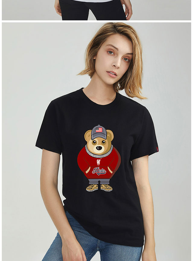 polo sport夏季男女同款100%纯棉小熊短袖宽松潮t 卡通泰迪熊印花