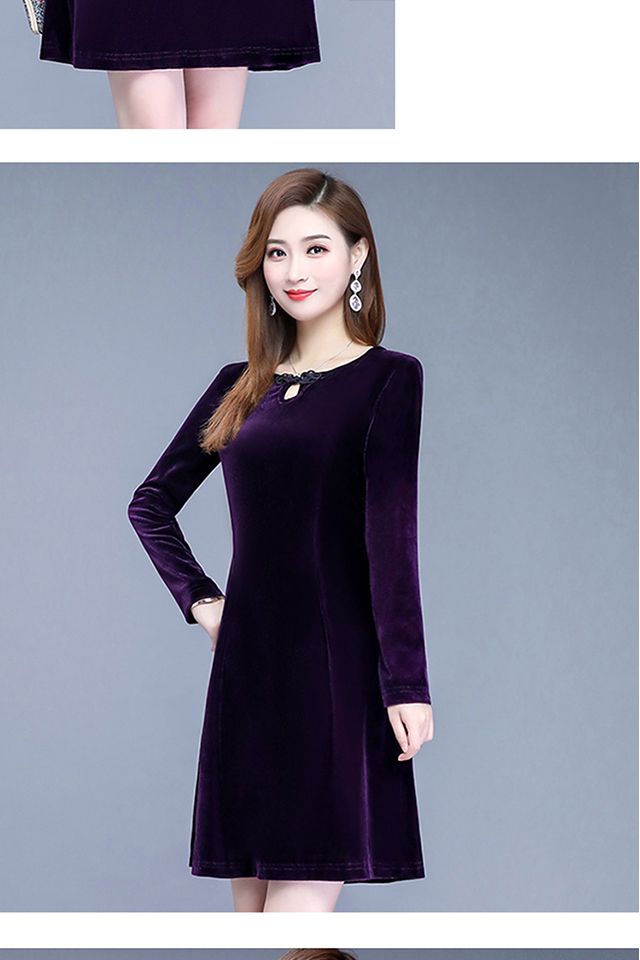 妈妈装金丝绒中长款长袖连衣裙新款中老年女装大码气质春秋季裙子