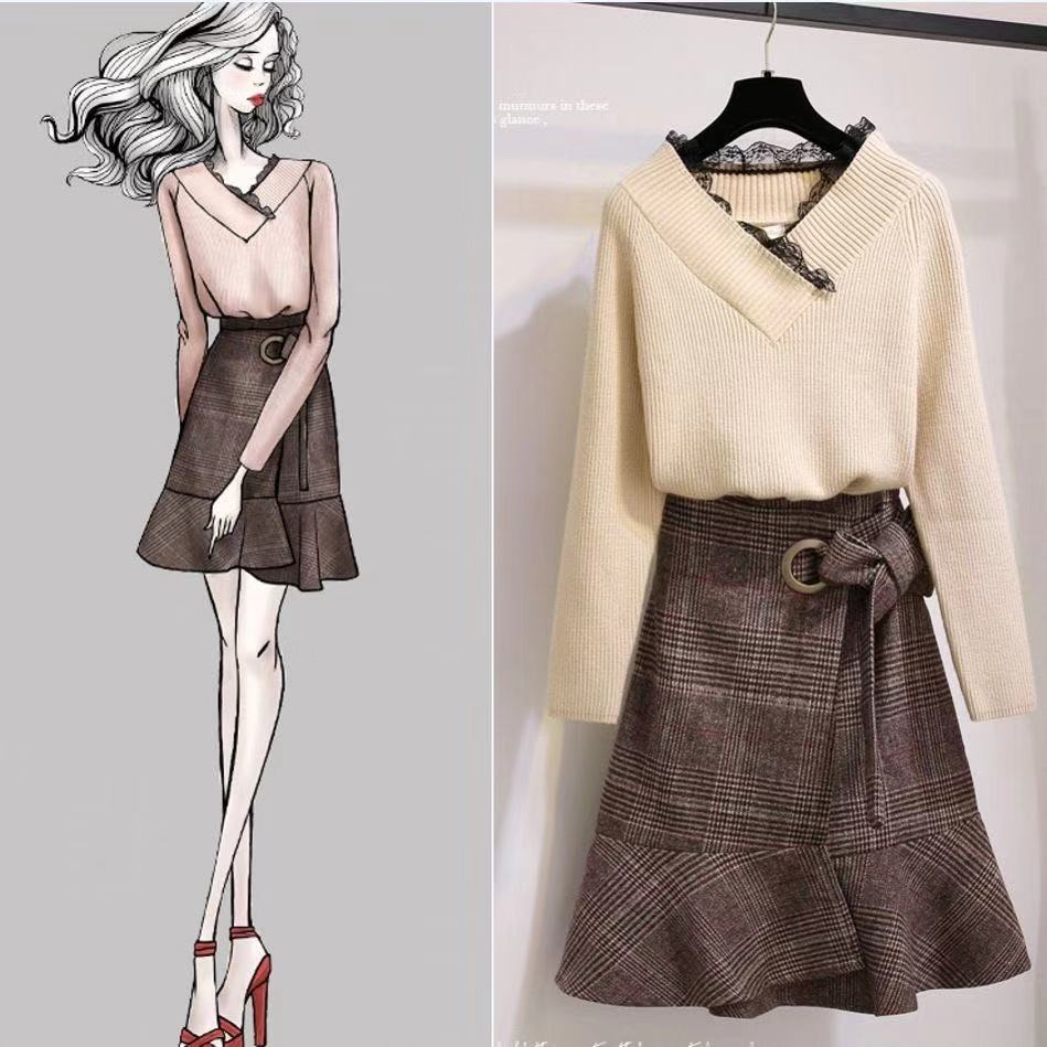 阔太太显瘦中长款格子过膝时尚呢子大衣两件套装-销巴生活商城-网上