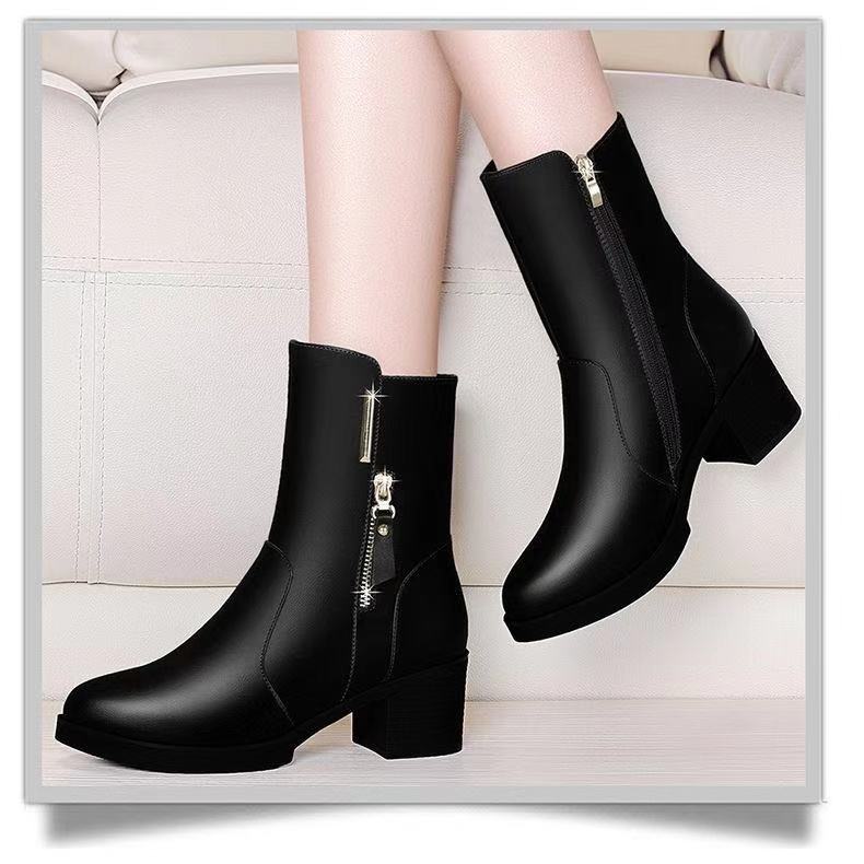 2020高档新款冬季短靴女粗跟女靴中跟加绒时装靴中筒靴防滑