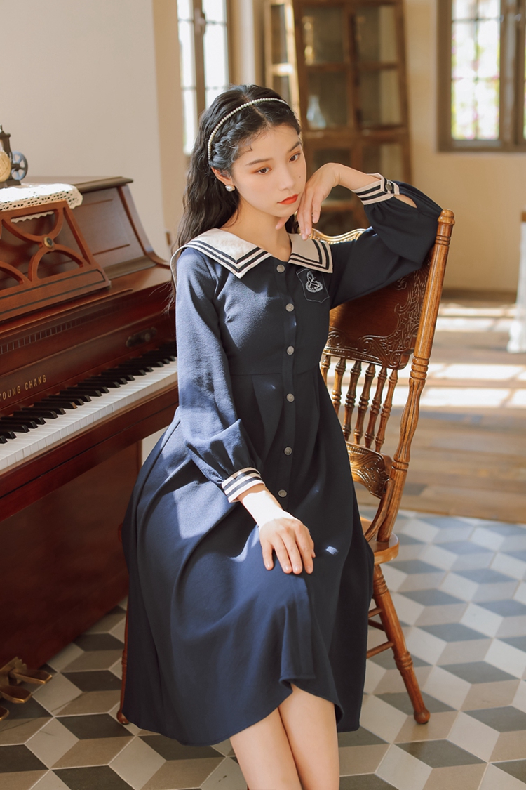 海谜璃英伦学院风海军领修身连衣裙hbf2136