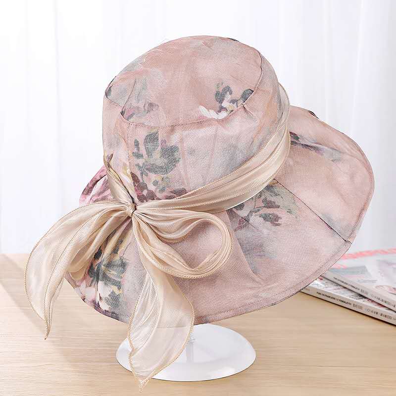 女士布帽大檐太阳帽新款韩版可折叠防晒大沿帽子蝴蝶结遮阳帽夏天