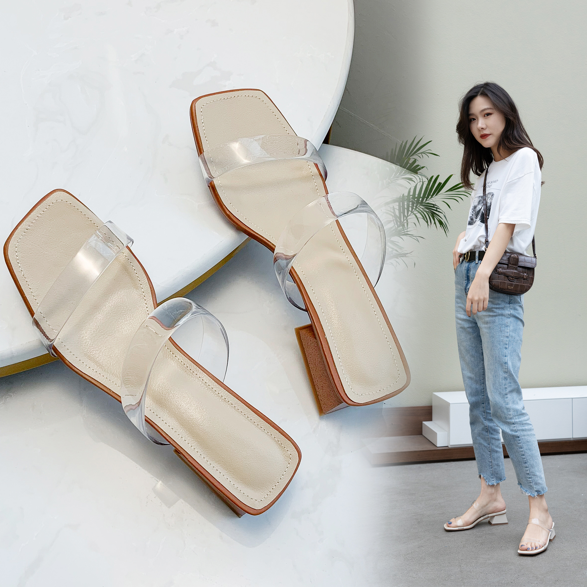 夏超高跟厚底防水台大码女凉拖粗跟鱼嘴试衣间小码一字拖鞋女