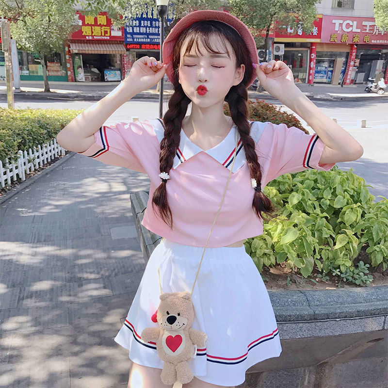 夏季潮套装可爱女学生韩版运动女装套裙娃娃领短袖上衣裙子两件套