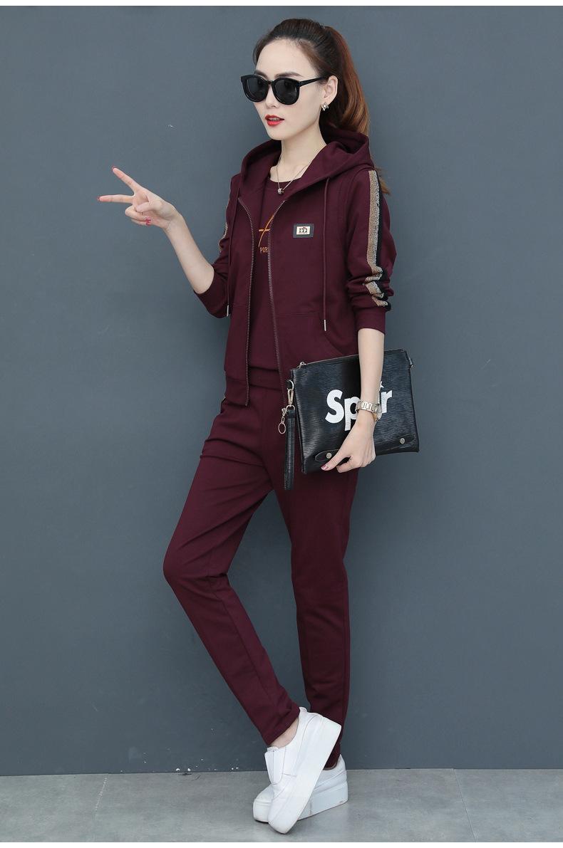 新款休闲运动套装女春秋三件套韩版大码连帽卫衣运动服潮女装
