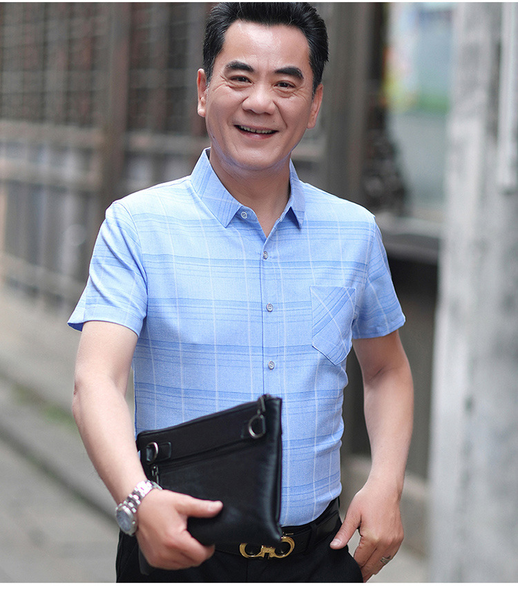 爸爸短袖衬衣中老年透气翻领中年男士体恤衬衫男装