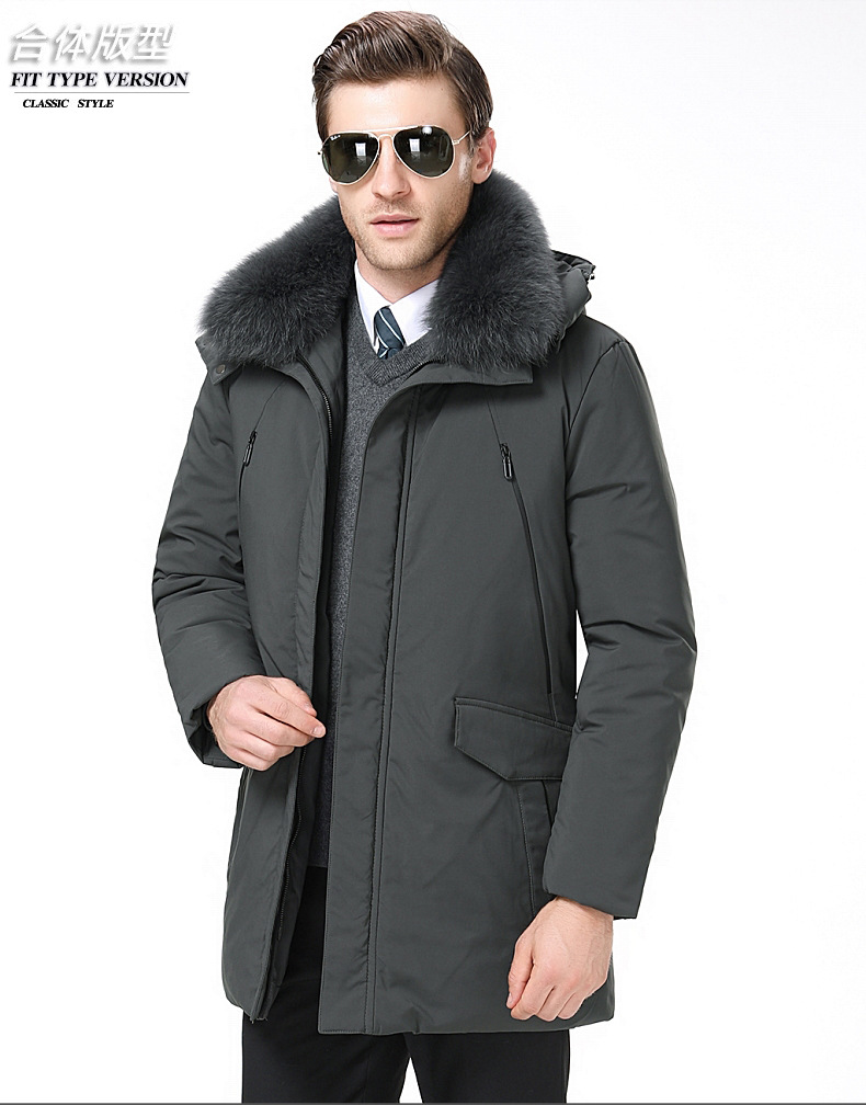 梦特娇男装冬季新款中老年爸爸装羽绒服商务休闲大码狐狸毛领中长款