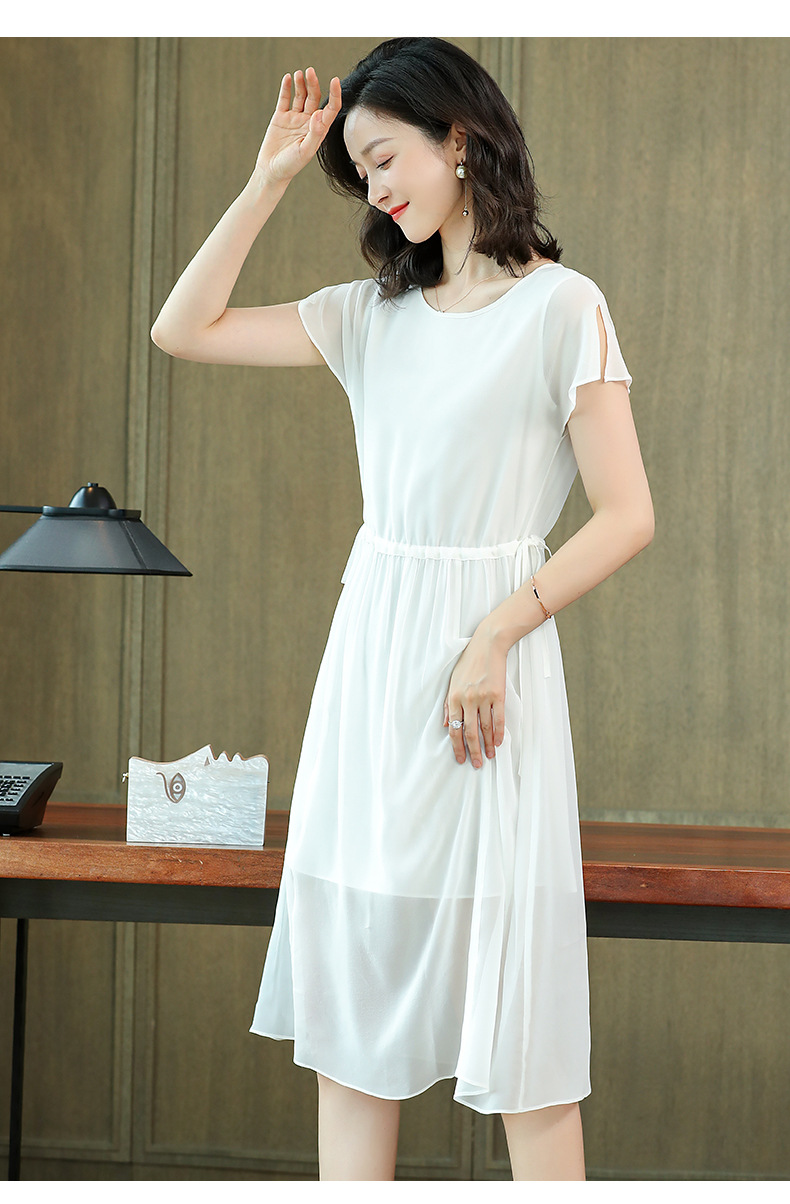 杭州丝绸连衣裙2020夏抽腰显瘦素色气质桑蚕丝中长裙文艺真丝女裙