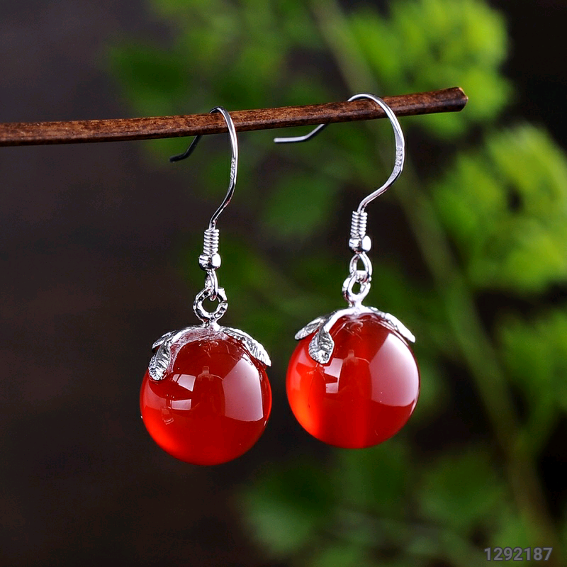 原创小清新款12毫米天然红玉髓耳坠 925纯银镶嵌配饰 红红火火 爱上那