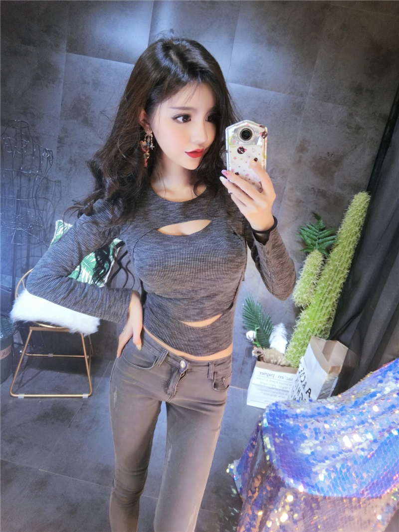 2019春装新款夜店女装灰色性感露胸假两件针织衫女长袖上衣