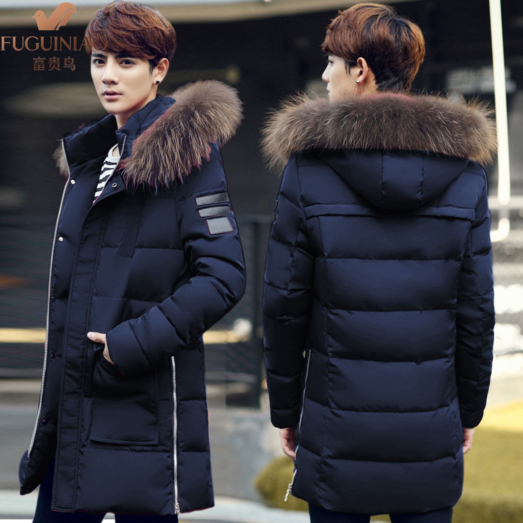 【富贵鸟】冬季男士中长款棉衣男加厚带帽棉服男大码棉袄男长外套