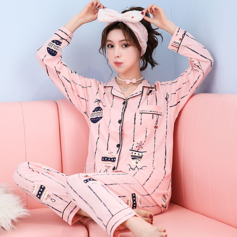 高档双面纯棉睡衣女春秋季长袖大码韩版家居服套装学生夏月子服冬