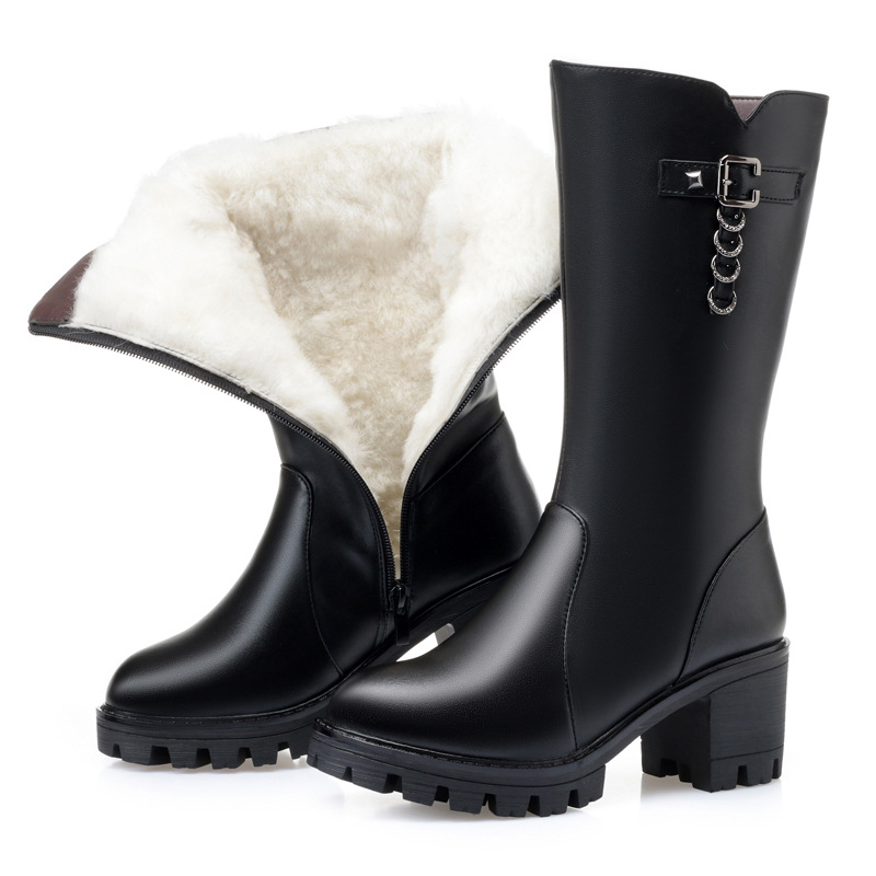 棉靴女冬季保暖加绒加厚中跟妈妈棉鞋中年女靴子女士中筒皮靴