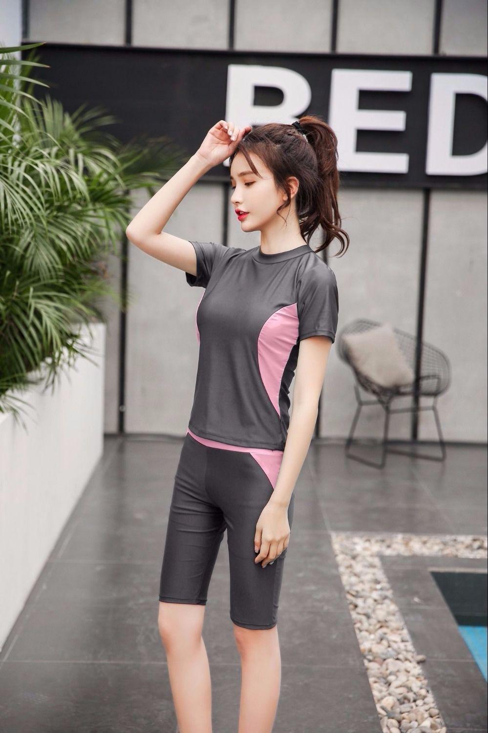 泳衣女分体平角遮肚保守显瘦5分裤学生运动款大码胖mm泳装韩国